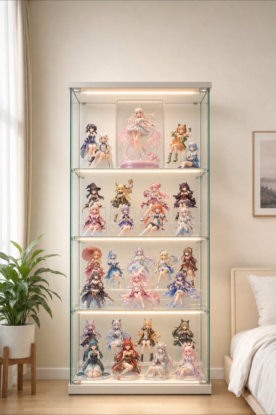Glass cabinet with anime figures facing forward on acrylic risers, one under a cover, warm LED bars on each shelf