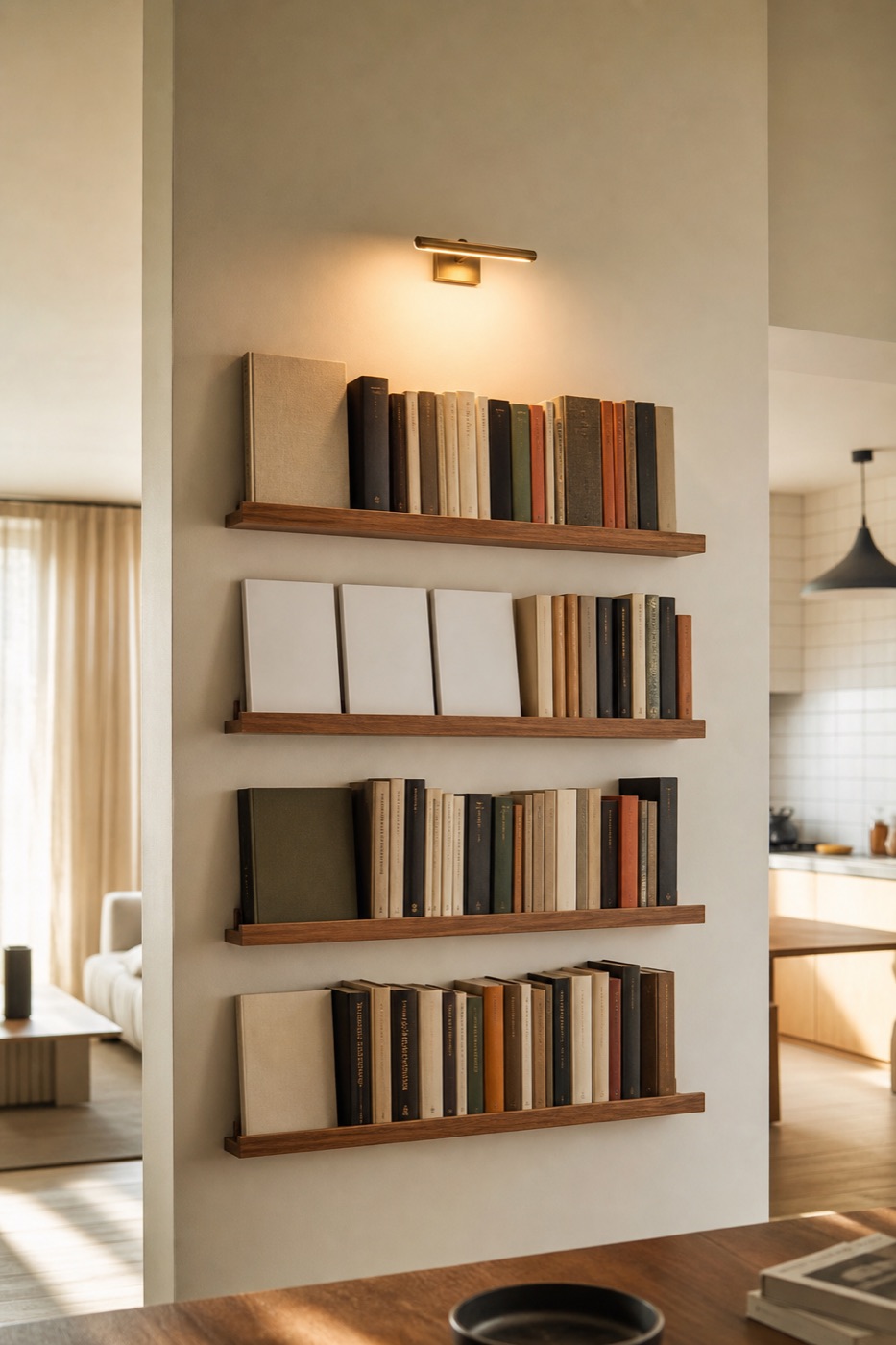 Column of wall-mounted picture ledges with books, three covers face-out, warm picture light on top