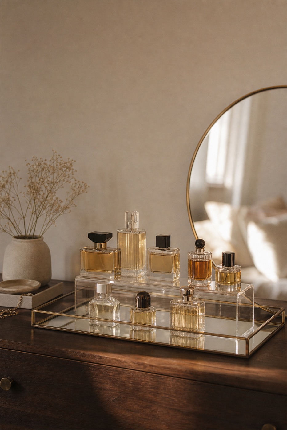 Perfume bottles staggered on acrylic risers on a mirrored tray on a wooden dresser