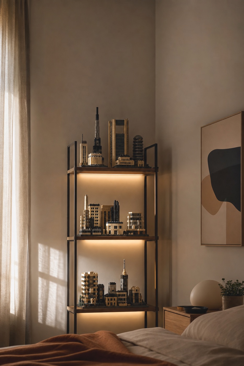 Tall shelf unit with brick-built architecture models lit by warm LED strips in a small bedroom