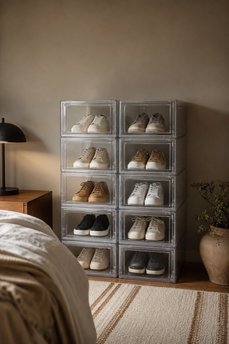 Two stacks of clear drop-front sneaker crates against a shaded bedroom wall