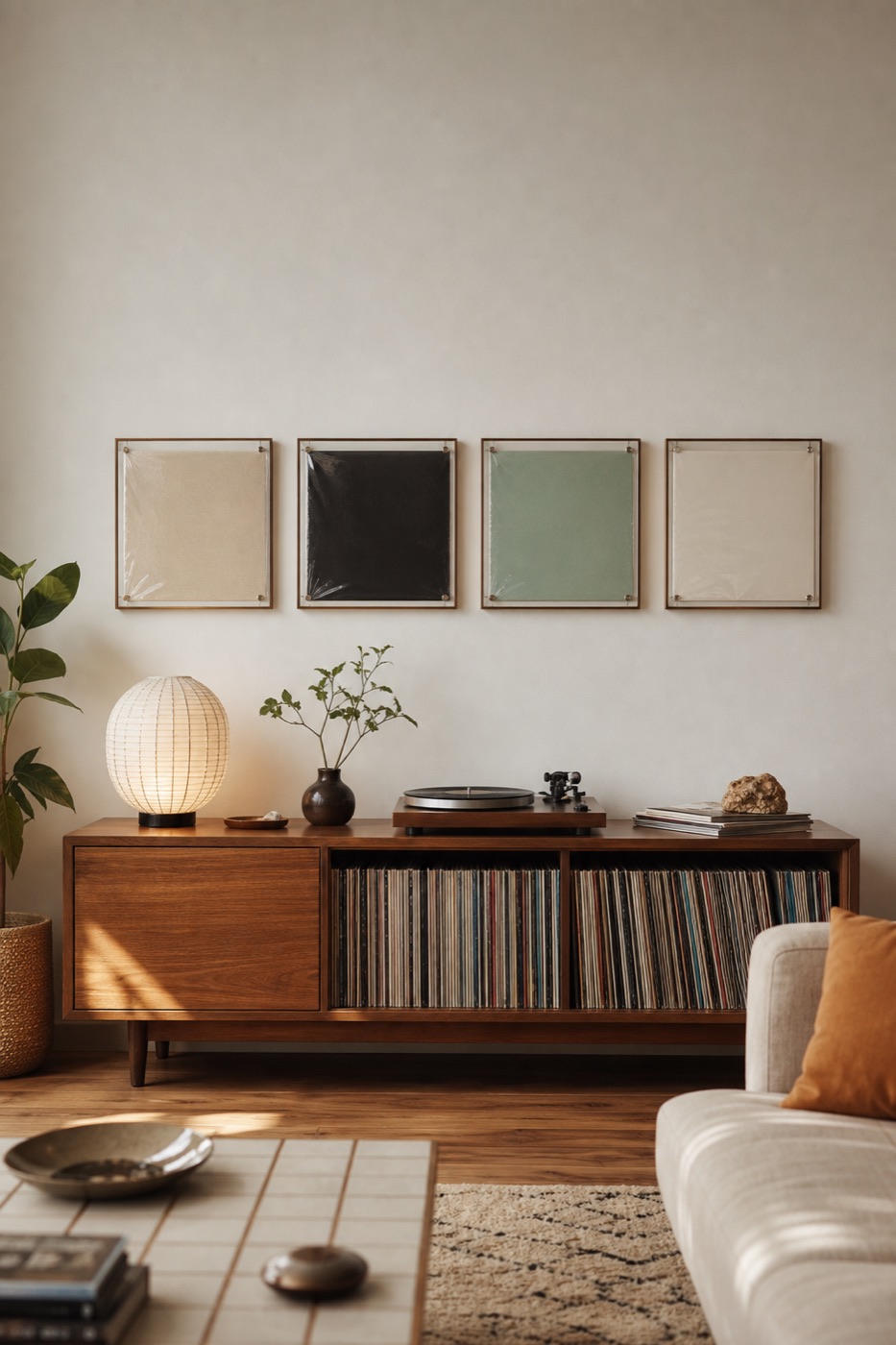 Four framed record sleeves wall-mounted in a line above a record console
